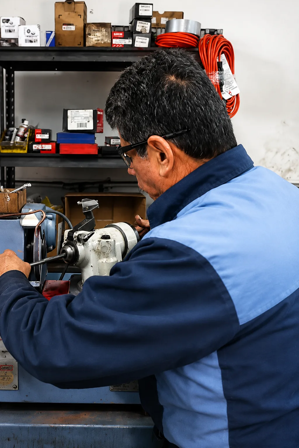 Jaime working at the machine shop at MJM Engines